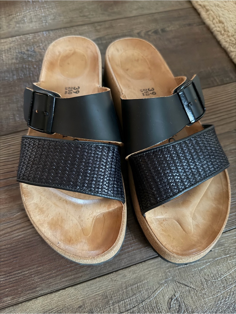 Birkenstock Black Two-Strap Slide Sandals with Woven Forestrap